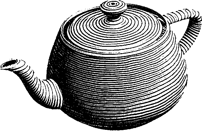 Чайник в стиле гравюры, рендеринг которого выполнен шейдером штриховки1