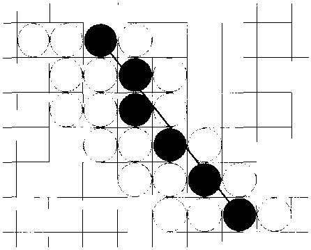 Растровая прямая линия с тангенсом угла наклона |ш| > 1,0 и шириной линии 4, построенная с помощью горизонтальных полос пикселей