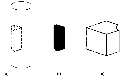 Два накладывающихся объекта (панель а) можно объединить либо в клиновидный объект (панель б) с использованием операции пересечения, либо в модифицированную блочную форму (панель в) с помощью операции вычитания