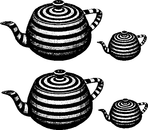 Эффект адаптивного аналитического сглаживания на чайниках разных размеров. Для сравнения верхние чайники нарисованы без сглаживания. При рисовании нижних чайников использовался описанный шейдер. Сглаживание краев полосок выглядит хорошо в обоих масштабах. Но на краях объектов дефекты изображения все же видны